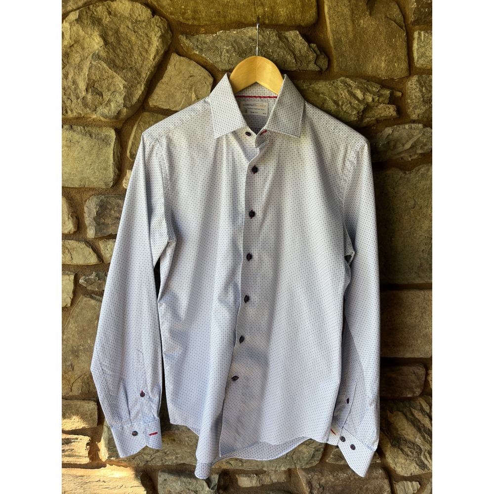 Lorenzo Uomo Trim Fit Dress Shirt Mens 15 34/35 White Navy Micro Print Button Up